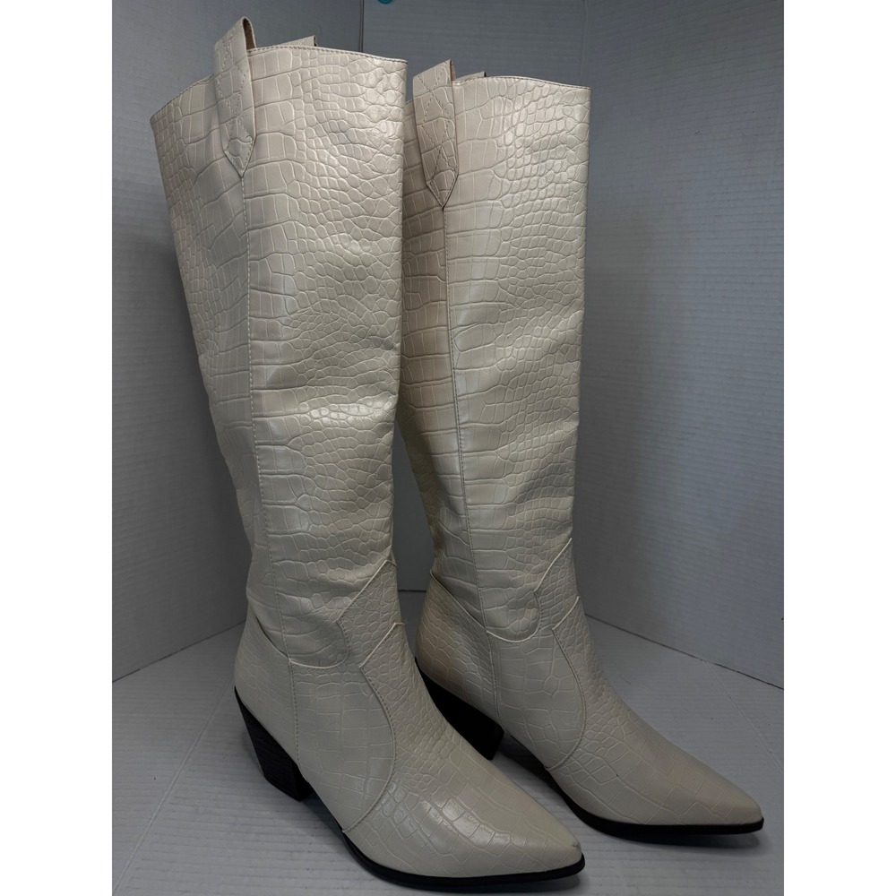 Princely Polly Tall Boots Womens 9 Cream Embossed Pointed Toe Block Heel Western